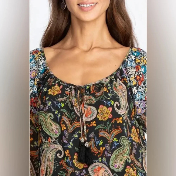 NWT Johnny Was Adela Paisley Print Mixed Long Sleeve Top in Black Multi Large - Picture 11 of 12